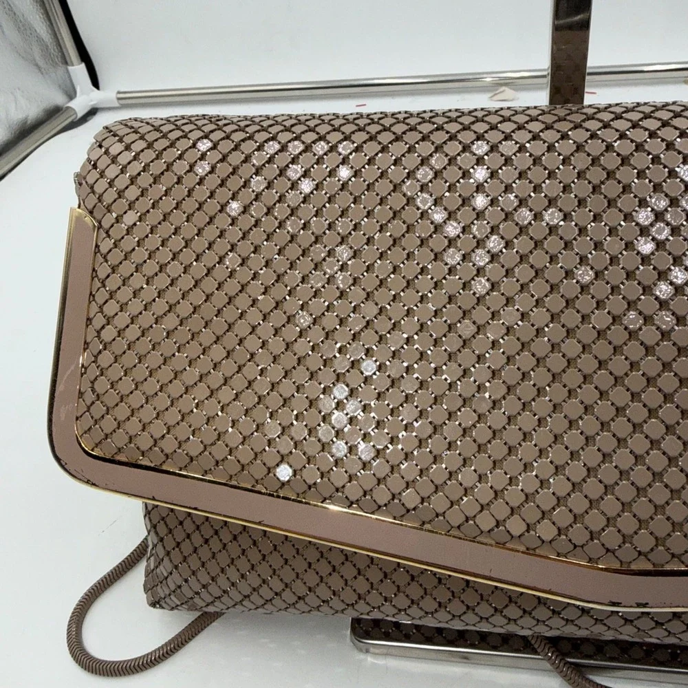 Pelle Italia Vintage Mesh Clutch Handbag Taupe Gold Chain Strap Evening Bag